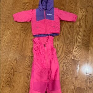 Columbia Reversible Pink and Purple Snowsuit Set coat and bib 12-18months